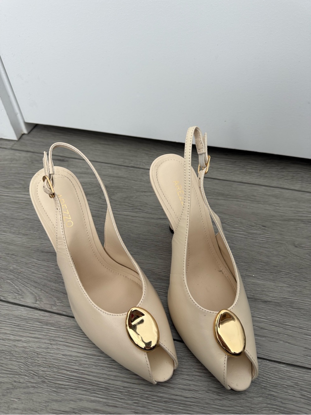 Beige Slingback Peep-Toe Heels with Gold Accent